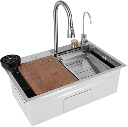 Lavello da cucina a cascata in acciaio inox, lavabo, lavabo singolo, 1 bacino con 4 modalità di acqua, rubinetto estraibile, lavatrice tazze, tagliere, per cucina (68 cm)