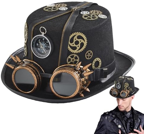 YRTUOP Steampunk Zylinder Hut Mit Brille, Gothic Hut Vintage Kostüm Kopfbedeckung Punk Halloween Party Kostüm Hüte Steampunk Zubehör Für Halloween, Karneval, Mottoparty