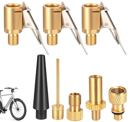8 Pcs Tyre Inflator Adaptor Set, Solid Brass Air Chuck with 8mm Car Valve Lever Plug, Tyre Valve Adapter for Bosch EasyPump & Portable Inflators, Schrader to Presta Valve Nozzle Kit for Car Bike Ball