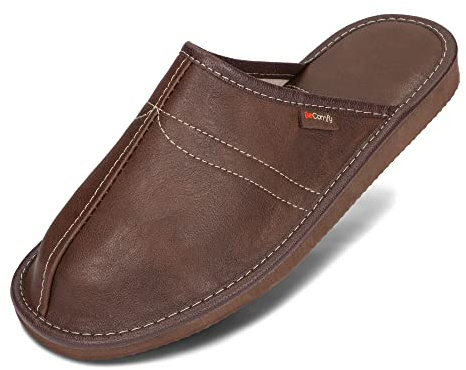 BeComfy Zapatillas de casa Para Hombres Cuero Genuino | Ligera y Suave | Disponible EN Tres Colores y con Caja de Regalo 40-46 EU Modelo FM82 (46, Marrón)