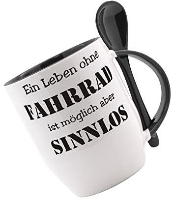 Tasse mit Löffel im Henkel - Ein Leben ohne Fahrrad ist möglich aber sinnlos - Löffeltasse, Kaffeetasse mit Motiv, Bürotasse, bedruckte Tasse mit Sprüchen oder Bildern -