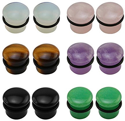 ZeSen Jewelry 6 Pairs Mixed Stone Single Flare Ear Plugs Gauges Tunnels Expander with Silicone O-Ring
