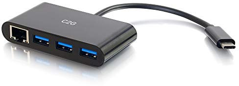 C2G USB-C / Thunderbolt-3 to RJ45 Gigabit Ethernet and 3 x USB-A 3.0 Laptop Adapter Hub, Suitable for MacBook Pro, iMac, Google Chromebook, Pixel, Dell Latitude, XPS 12/13/14 and More. (Black)