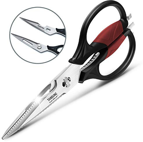 Heavy Duty Kitchen Scissors TANSUNG, Multifunction Kitchen Shears for Poultry, Fish, Herb, Flowers - Sharp Blade Shears - Detachable for Easy to Clean - Peeler, Bottle Opener (Red)