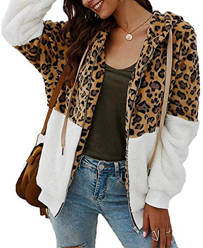 ABINGOO Damen Kapuzenjacke Warm Mantel Teddy-Fleece Plüschjacke Leopard Casuale Zip Hoodie Cardigan Outwear(Weiß,XL)
