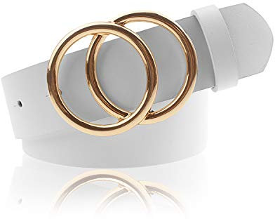 Udekit Echt-Leder Gürtel Damen Doppel O Ring Echt Leder Taillengürtel, Weiß, Medium:31/38W