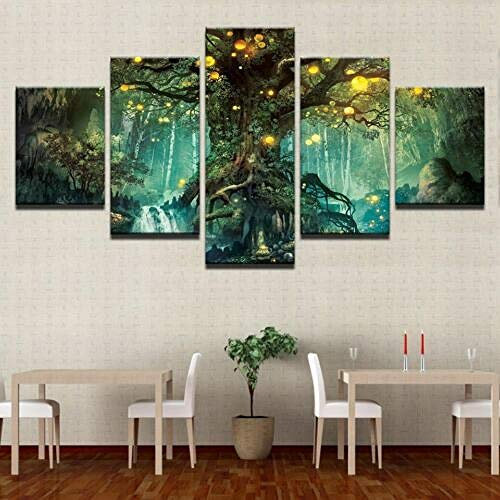 Myrdsio Stampe E Quadri su Tela 5 Pezzi Quadro Moderno, 5 Albero Incantato della Foresta della Vita HD Decorazione Casa Soggiorno Astratto Tela Immagini - con Cornici,Pronto da Appendere