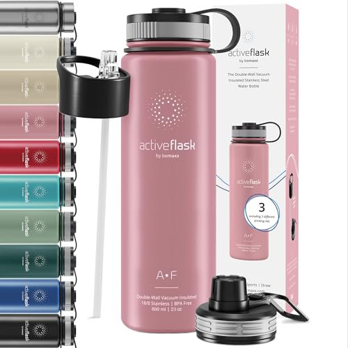 Trinkflasche Edelstahl ACTIVE FLASK + Strohhalm (3 Deckel) BPA-frei, Auslaufsicher, Kohlensäure geeignet - Wasserflasche Fahrrad Thermosflasche Isoliert Isolierflasche Sport Wasser Flasche Kinder Tee