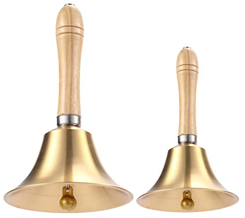 Confezione da 2 campanelli in ottone massiccio con manico in legno, 8 cm e 11 cm, per matrimoni, Natale, scuola, servizio