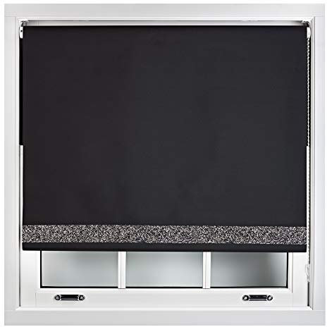 FURNISHED Blackout Roller Blinds With Glitter Edge - Trimmable Thermal UV Protection Fabric Easy Fit Sparkle Glitter Blind for Windows, Black 175W x 165H cm