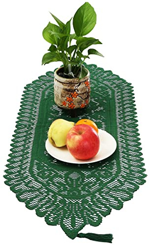 KYEYGWO Vintage Blumenmuster Spitze Tischläufer mit Quaste, Grün 88x33cm | Mittelalter Boho Tischwäsche Landhausstil Tischdecke Platzset für Esstisch Deko Hochzeit Weihnachten Party Geburtstag