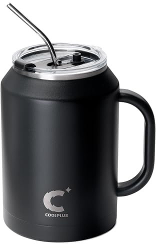 Coolplus 50 oz Mug Tumbler with Handle and Straw, Large Stainless Steel Travel Insulated Water Cup with 2-in-1 Lid, Double Wall Metal Keep Cold 36 hrs, Sweet Proof BPA-Free, Midnight Black