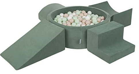 KiddyMoon Foam Playground Velvet For Kids With Round Ballpit (200 Balls ∅ 7Cm/2.75In) Soft Obstacles Course And Ball Pool, Made In EU, Forest Green:Pastel Beige/White/Mint
