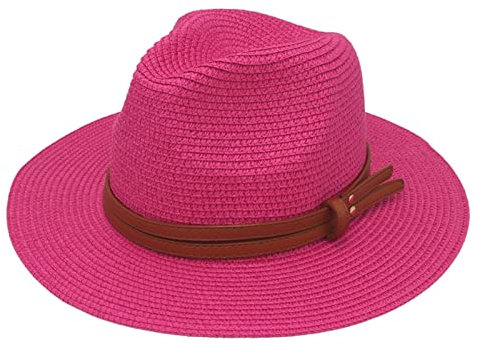 MCHDMI Chapeau De Paille, Été Femmes/Hommes Large Bord Plage Chapeau de Soleil Protection UV Chapeau Fedora Panama Chapeau de Paille en Forme Douce (Color : Rose Red, Size : 56-61cm)