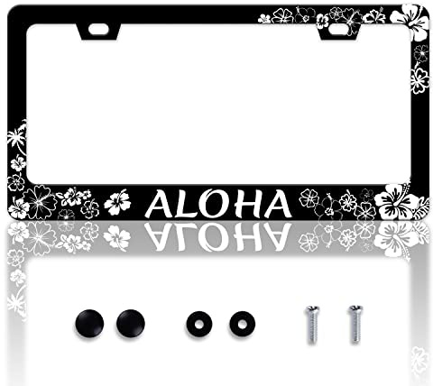Aloha Kennzeichenrahmen Hibiskus Blume Kennzeichenrahmen Personalisieren Edelstahl Lustiges Design Kompatibel mit Standard Kennzeichenhalter für USA und Kanada 6 X 12 Zoll mit Schrauben