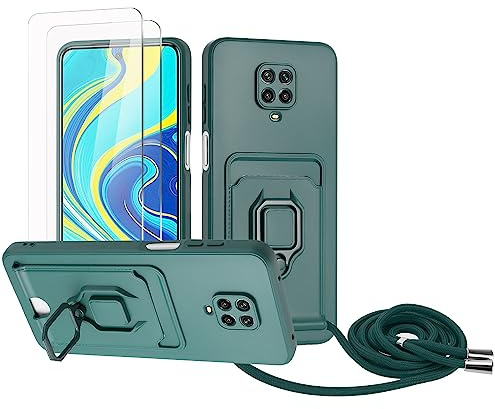 Zallagre Handykette Hülle kompatibel mit Redmi Note 9 Pro/Note 9S.[2 Stück] Schutzfolie Glas,Kameraschutz,360 Grad Ringhalter Stand,Kartenfach,Silikon hülle-Dunkelgrün