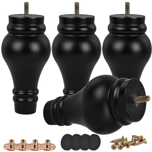 Btowin 5.6 Inch / 14cm Solid Wood Furniture Legs, 4Pcs Black Round Gourd Wooden Bun Feet with Threaded M8 Hanger Bolts & Mounting Plate & Screws for Sofa Couch Cabinet Chair Ottoman