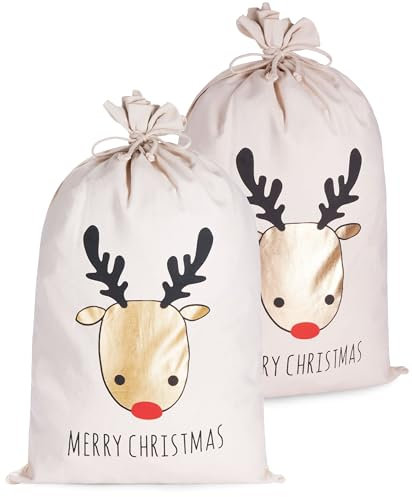 BRUBAKER Weihnachtssack Rentier Gold - Merry Christmas - 80 cm Geschenksack Weihnachten - Nikolaussack Sack Baumwolle mit Kordel zum Verpacken von Geschenken - Rentierkopf - 2 Säcke