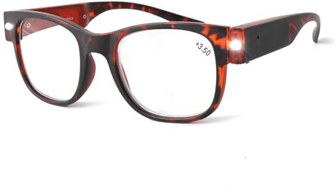 SKYWAY Lesebrille mit Licht, Wiederaufladbare Helle LED Beleuchtete Brille zum Lesen von Kleingedrucktem, Verschreibungspflichtigen Flaschen, Naharbeit (Schildpatt, 3.5)