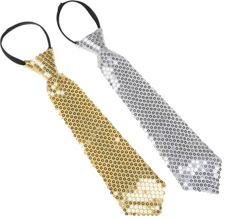 NiceYnn Lot de 2 Cravate Pré-nouée en Paillette pour Homme Brillant Ajustable Zippé pour Danse Magie Spectacle Performance Costume Doré/Argenté