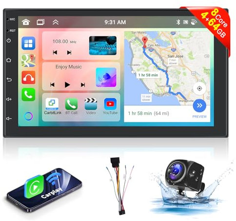 【8 Núcleo 4+64G】 Hodozzy Carplay Android Radio Coche 2 DIN con GPS 7 Pulgadas IPS Pantalla, Autorradio Bluetooth con Android Auto/DSP/WiFi/RDS/FM/USB+Cámara de Visión Trasera