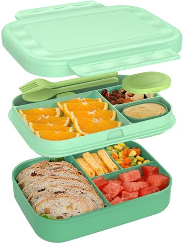 CAPERCI Lonchera Bento para niños, recipientes apilables de 1400 ml con compartimentos, cajas de aperitivos a prueba de fugas con contenedor de salsa, cubiertos para adolescentes, adultos, escuela,
