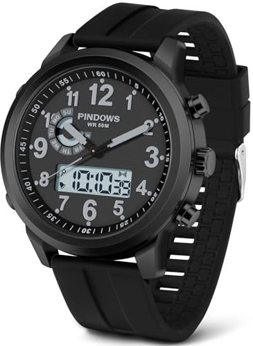 PINIDOUS Orologi da Uomo Orologi Digitali da Uomo per lo Sport All'aperto Multifunzionale Militare Quarzo Analogico Orologio Impermeabile In Acciaio Inox Moda Classica Orologio (Nero)