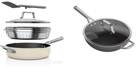 NINJA Foodi 9-in-1 PossiblePan with ZEROSTICK, Steamer/Strainer, Spatula, Glass Lid, 3.8L & ZEROSTICK Premium Cookware 28cm Wok with Glass Lid, Long Lasting, Non-Stick