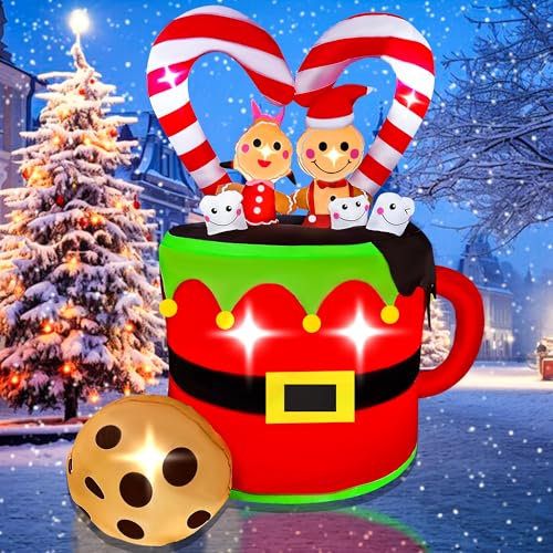 BLOWOUT FUN Christmas Inflatables 5FT Couple Gingerbread in Mug Decoration, LED Lighted Blow Up Art Decorations Weatherproof Holiday for Indoor Outdoor Garden Patio Lawn Party Xmas Gifts Decor