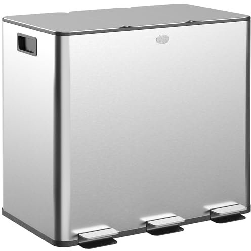 HOMCOM Cubo de Basura de Cocina con 3 Compartimentos 3x15L Papelera de Cocina de Acero Inoxidable con Pedales Tapas de Cierre Suave y Cubo Extraíble para Reciclaje Residuos Restos de Comida Plata