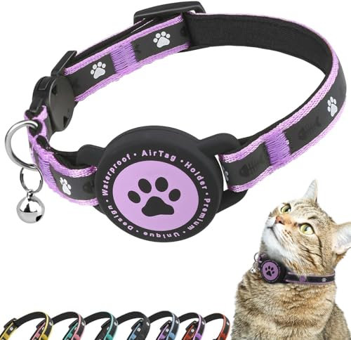 Airtag Katzenhalsband Breakaway, Reflektierendes Kätzchenhalsband mit Airtag-Halterung und Glocke, Bequeme Polsterung, Verstellbar, Langlebig, Passend für Katzen(Lila,XS)