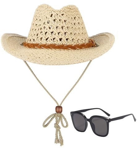 1 Sombrero De Vaquero Hueco, 1 Par De Gafas De Sol, Sombrero De Vaquero Retro, Sombrero De Vaquero Ajustable, Sombrero De ala Ancha para El Sol, Pesca Y Camping
