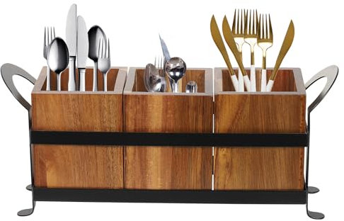 SuhoFutus Wooden Cutlery Holder with Metal Tray - 3 Compartment Cutlery Storage Box, Cutlery Caddy for Kitchen Countertop, Multi-functional Wooden Cutlery Tray, 33.5 x 9.4 x 14 cm