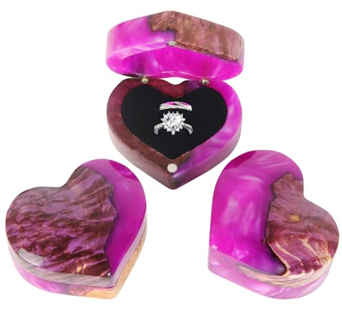 Loongresinwood Herzförmige Ring-Geschenkbox, personalisierte Holz-Ringbox, Verlobungsringbox, Ringschatulle mit Doppelschlitzen, Hochzeit, Antrag, Geburtstag und Jahrestag, Schmuckbox (lila)