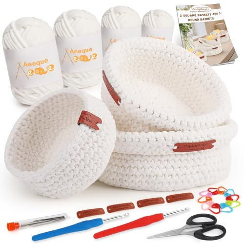 Aeeque 3pcs Rund Häkelkörbe Set mit Deutsch Anleitung für Erwachsene, DIY Textilgarn zum Häkeln Tasche, Komplett Kit mit Zubehör, Weiß