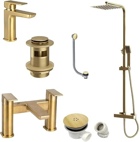 Brushed Brass | Square Shower Kit Rigid Riser Over Head Rainfall | Brushed Brass Bath Filler and Basin Mixer | Tap and Shower Pack Complete | Includes All Wastes