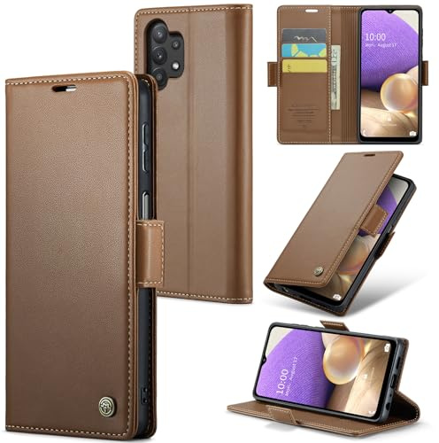 Rerzoiro Handyhülle für Samsung Galaxy A32 5G Hülle, Premium PU Lederhülle Klappbar Flip Case [RFID Blocker] Tasche Magnet Kartenfach Klapphülle Schutzhülle für Samsung Galaxy A32 5G, Braun