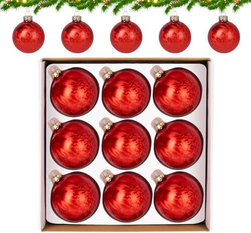 absolove Weihnachtskugeln Glas Rot 8CM, 9er Set Christbaumkugeln, Weihnachtskugeln Ornamente mit Federtextur für Christbaumschmuck, Heimdekoration und Andere Festliche Dekorationen