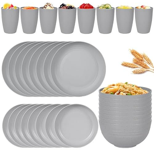 Juego de vajilla de paja de trigo, juego de platos y cuencos de 32 piezas, cubiertos, vajilla irrompible apta para microondas, para fiestas, picnic, dormitorio universitario, campamento (gris)