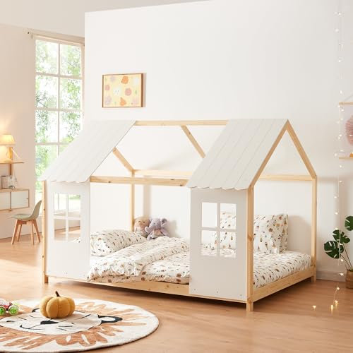 [en.casa] Tostedt - Lit pour enfant - Design semi-ouvert - Cadre de lit en pin massif - 120 x 200 cm - Bois/blanc