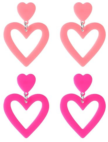 Lnngub 2 Paar Herz Ohrringe, Acryl Herzform Ohrringe für Damen und Mädchen Vintage Doppelte Herzohrringe für Partys, Tänze, Verabredungen, Valentinstag, Halloween, Weihnachten (Rosa, Rosenrot)