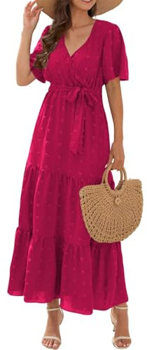 Robe Femme Chic Et Elegant Grande Taille D'été Robe Lin Plage Courte Manches Courtes Vetement Femme Ete Fluide Boheme col en V Summer Dress Et Ventes Flash Rose Vif XXL