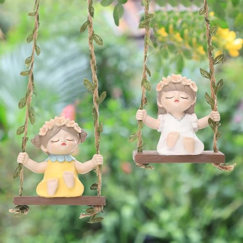 Schaukel Gartenfiguren, Frühlingsdeko Schaukelfeenfigur Aus Holz Und Harz, Gartenfiguren Für Draußen Wetterfest Hängende Garten Zubehör, Miniatur Figuren Für Gärten, Terrassen, Rasenflächen (2stk)