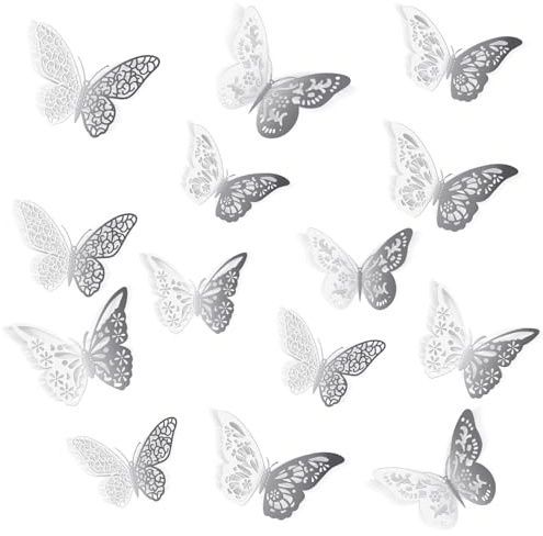 48 PCS Butterfly Decorations, Butterflies 3D Wall Decor, 4 Styles 3 Sizes Butterfly Cake Decorations for Crafts, Bouquet, Cake Decorating, Flower Arrangements, Room Decor, Silver