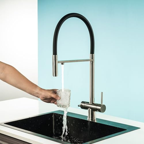 Robinet de Cuisine Osmose 3 Voies Rotatif 2 Poignées Froide et Chaude Eau Purifiée Robinet Cuisine Inox-Brossé