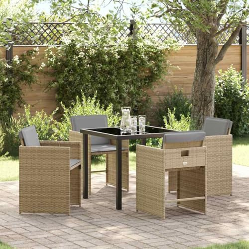 Owoxanthellate 5 TLG Dining Set Beige Poly-Rattan Gartenmöbel 120 cm Glas-Tisch 4 Stühle Modernes Design Robust & Wetterfest für Garten Balkon Terrasse