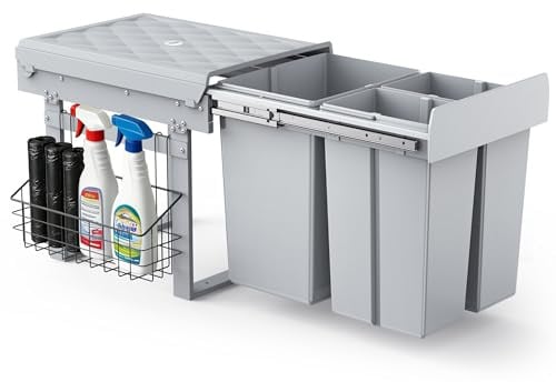 lovewind Dreikammer-Abfalleimer, 20L+2x10L, Mülleimer küche, Mülltrennsystem für Unterschrank，Stahlrahmen, ABS-Deckel Mülltrennung als Vollauszug mit Teleskopschienen, Dunkelgrau