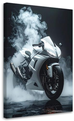 Feeby Wandbilder - Bilder Schlafzimmer - Weißes Sportmotorrad - 80x120 1tlg - Wohnzimmer Bild Groß - Wohnungs - Foto Geschenk - Leinwand Wall Art - Wand Deko