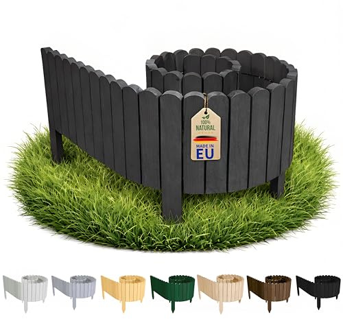 Floranica Blumenbeet Umrandung Holz 200 x 20 cm Dunkelgrau – Grabkante | Umrandet Blumenbeet, Staudenrabatte und Grabstelle. Vormontiert, 5 Erdspieße, ohne Beton – modern zu Pflaster
