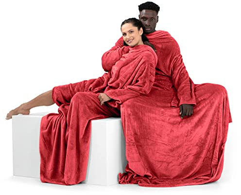 DecoKing Decke mit Ärmeln Geschenke für Frauen und Männer 150x180 cm Rot Microfaser TV Decke Kuscheldecke Weich Lazy